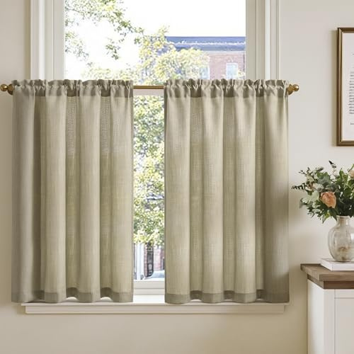 TOPICK Rideau Cuisine Petit Rideaux Court Brise Bise, Taupe 90L x 90H(cm) 2 Panneaux à Passe Tringle, pour Fenêtre Placard Meuble Bas Chambre Cache sous Evier，en Effet Légers Style Moderne