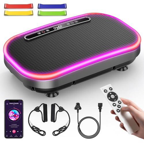 Vibration Plate, Vibration Plate Exercise Machine with Resistance Bands, 9 Adjustable Modes, 1-120 Intensity Level, Bluetooth Support, Remote Control, LED Display, Load-Bearing Capacity 150KG (Silver)