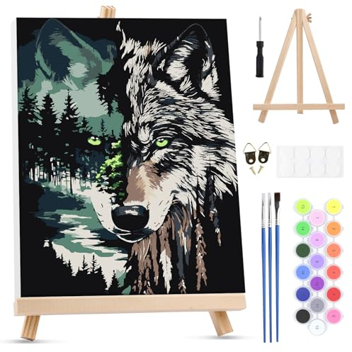 MXJSUA Lobo Pintar por Numeros Adultos con Marco, DIY Cuadros para Colorear por Números Lienzos, Pintura Acrilica Manualidades Adulto Decoracion Hogar Pared, 20x25cm