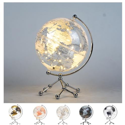Globo Mappamondo Illuminato LED 20 CM Base in Metallo – Lampada da Tavolo con Mondo Decorativa per Casa, Ufficio, Scuola – Rotazione Manuale 360° – Idea Regalo Educativa Bambini (Bianco)