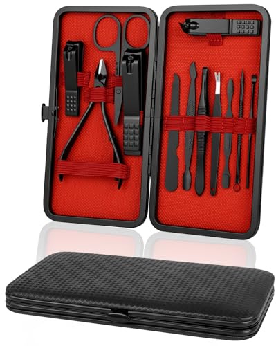 AYBUY Manicura Pedicura Set, 12 Piezas Cortaúñas, Tijeras de Uñas con Herramientas Remover Cutícula, Acero Inoxidable, para Viajes y hogar, con Caja de Cuero, Negro-B