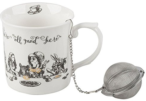 Victoria and Albert Alice im Wunderland Porzellan-Geschenkset mit Tasse und Teesieb aus Edelstahl, 300 ml