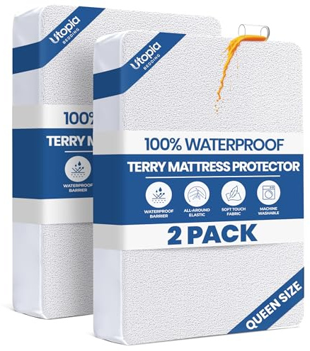 Queen Size Mattress Protector Waterproof 2 Pack, Premium 200 GSM Terry Mattress Cover, Soft & Breathable Bed Cover, Fitted Sheet Style Stretchable Deep Pockets 17 by Utopia Bedding (White)