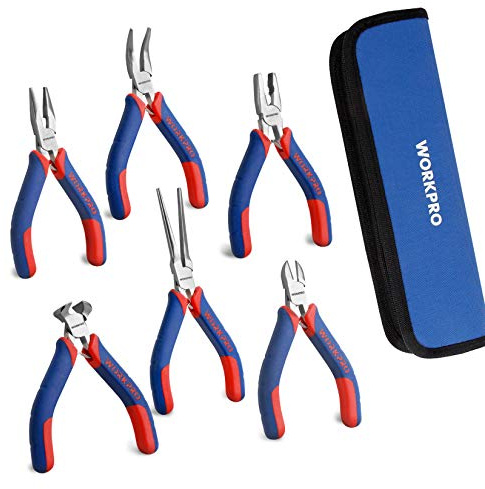 WORKPRO 6-piece Mini Pliers Set - Needle Nose, Diagonal, Long Nose, Bent Nose, End Cutting and Linesman, for Making Crafts, Repairing Electronic Devices, with Pouch
