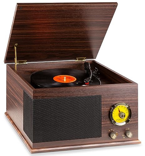 Fenton RP173 Retro Plattenspieler Bluetooth, Schallplattenspieler, Record Player mit FM Radio, eingebauten Lautsprechern, Vinyl zu MP3 konvertieren, USB Vinyl Plattenspieler, Braun