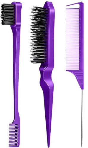 3 Pieces Hair Styling Comb Set Teasing Brush Rat Tail Comb Edge Brush for Edge&Back Brushing, Combing, Slicking Hair for Women (Purple)