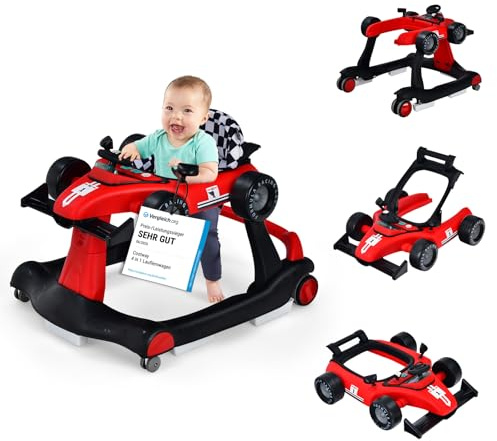 COSTWAY Girello per Bambini 4 in 1, Girello Pieghevole con Altezza e Velocità Regolabili, Carillon con Luci, Volante, Primi Passi per Bambini 6-18 Mesi, Portata 12 kg (Rosso)