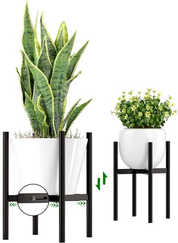 Soporte ajustable para macetas, 20-30 cm, soporte de metal alto para plantas para uso en interiores y exteriores, moderno soporte de flores de acero revestido extensible de mediados de siglo, negro