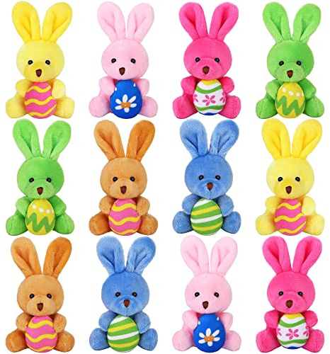 Fovths 12 Pack 4.7 Inch Easter Plush Bunnies Keychain Eggs Stuffed Bunny Set Plush Rabbit with Eggs Filler or Basket Filler Rabbit Keychain Set Easter Party Favors Gifts, Multi-Color