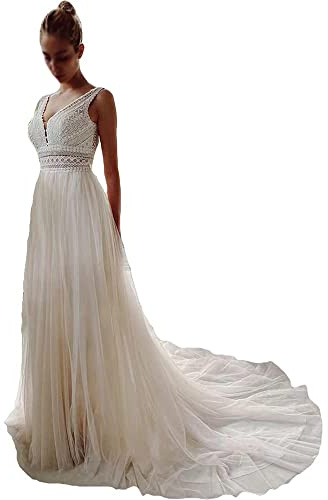Sorayan Wedding Dresses for Bride Illusory Lace Bohemia V Neck Layers Tulle A Line Beachy Wedding Gowns(Medium) White