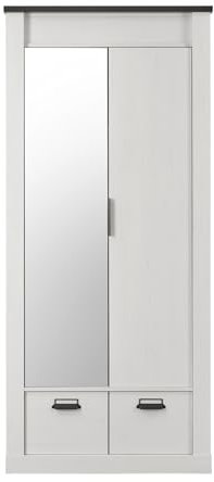 Kleiderschrank in weiß Pinie und schwarz/anthrazit Drehtürenschrank 2 Türen mit Spiegel Schlafzimmer Schrank im Industrial Design 93 x 209 cm Stove (Schrank 1)
