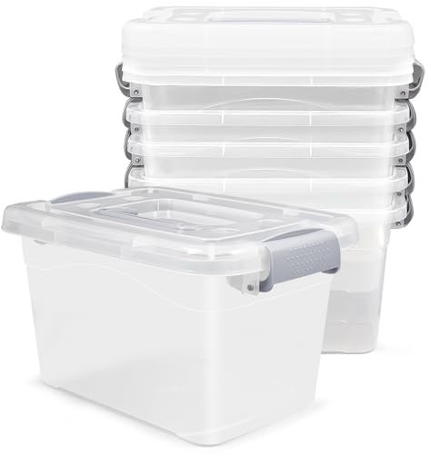 ASMIZ 6 Pack 8L Plastic Storage Box with Lid, Clear Storage Organizer Bins with Latching Handle, 27 x 20 x 16.5 cm Stackable Storage Boxes, Multipurpose Storage Box for Home, Office, Accessories