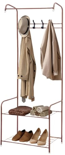 Tyvotrend Perchero para Ropa, Armario Abierto de Metal, con 4 Ganchos y 2 Estantes para Zapatos, para Dormitorio, Sala de Estar, Entrada, Vestidor, Color Café, 57 x 30 x 165 cm