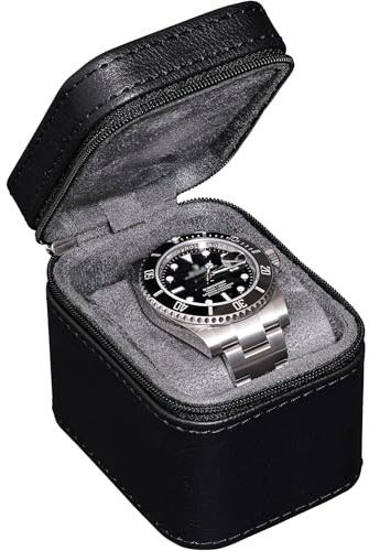 ROTHWELL - Custodia da viaggio per orologi singoli, custodia compatta in pelle sintetica PU con interno in microvelluto, adatta per orologi e smartwatch fino a 55 mm (Nero/Grigio)
