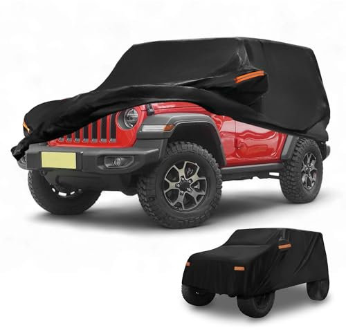 Partuto Housse De Voiture Étanche Toutes Saisons pour Automobile en Extérieur Protection Anti-UV Soleil Pluie Complète pour Jeep Wrangler 2 Portes Noir avec Bandes Réfléchissantes