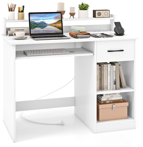COSTWAY Scrivania per Computer con 2 Prese di Corrente e Prese USB, Scrivania Salvaspazio con Cassetto e Ripiano Estraibile per Tastiera e Ripiano Regolabile,105 x 55 x 89 cm, Bianco