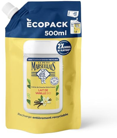 Le Petit Marseillais | Ricarica Crema Doccia Extra Dolce Latte di Vaniglia Bio (Ecopack da 500 ml) – 92% di ingredienti di origine naturale – pH neutro per la pelle e senza coloranti