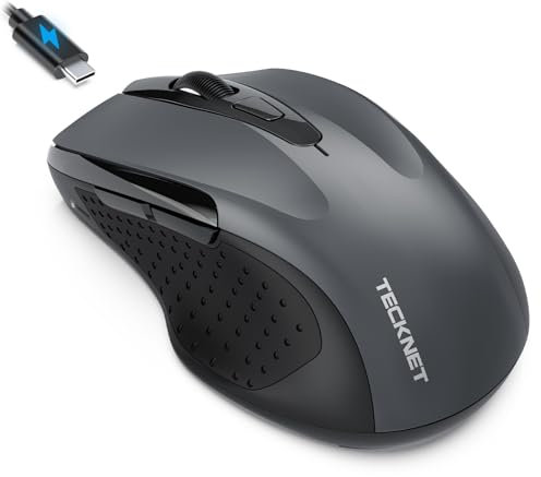 TECKNET Mouse Bluetooth con Jiggler, Multi-dispositivo Mouse Wireless Ricaricabile (Tri-Mode: BT 5.0/3.0 + 2.4G), 4800 DPI, Silenzioso, Ergonomico per Laptops, Mac OS, Android, Windows-Grigio Jiggler
