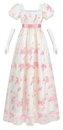 NSPSTT Vestiti Regency da Donna Maniche a Sbuffo Vita Impero Vestiti Vittoriani Abito da Festa del Tè Vestito Vintage Vestito Vita Impero Vestito Vittoriano Abendkleid con Guanti, S