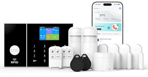 Alarma de Seguridad Inteligente gsm para el hogar, Sistema de Alarma inalámbrico WiFi con Sirena, Sensor de Movimiento PIR, Controles remotos y Sensor de Ventana/Puerta (Kit de 12 Piezas)