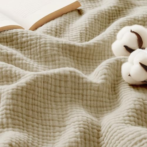 Lanqinglv Manta de muselina de algodón de 150 x 200 cm, 4 capas, manta de verano, color beige, con certificado Oeko-Tex, manta para sofá y sofá, manta de algodón