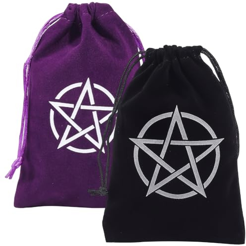 CREATCABIN Bolsas de Terciopelo con Cordón para Cartas de Tarot Soporte para Barajas de Dados Pentagramas Negros Y Morados para Guardar Joyas Cristales Dados Brujería 2 Pulgadas 13.5x18cm/12x18cm
