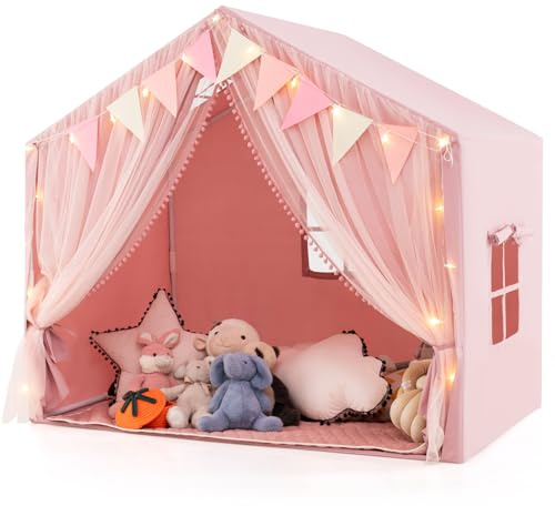 COSTWAY Tienda de Campaña Infantil, Tienda Tipi Infantil con 2 Cortinas de Tela y Malla, Luces de Estrellas, 2 Ventanas Transpirables, Almohadilla de Algodón, Casita Niños Tela para 3-4 Niños (Rosa)