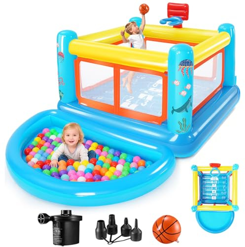 Castillo Hinchable para niños de 3 a 6 años, pequeña casa de Juegos Hinchable de PVC con cojín para Saltar, Piscina de Bolas extraíble, Canasta de Baloncesto y Juego de Saltar, Incluye Bomba de Aire