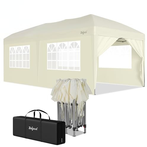 Zelsius Vikbar paviljong 3 x 6 m med sidoväggar | beige | popup hopfällbar paviljong UV30, fällbart, festtält med sidoväggar | skydd för trädgård, solskydd, trädgårdspaviljong