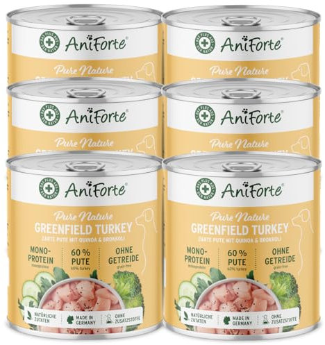 AniForte Hundefutter Nass GreenfieldTurkey 6 x 800g – Nassfutter für Hunde, Frische Pute mit Gemüse & Früchten, hoher Fleischanteil, Natürliches Hundenassfutter getreidefrei