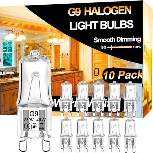 Vinaco Glühbirne G9 40 Watt, 10er Pack Halogen G9 230V 40W Lange Lebensdauer, Leuchtmittel G 9 Dimmbar Warmweiß 2800K, Stiftsockellampe G 9 40W Halogen für Kronleuchter, Kabinettbeleuchtungen