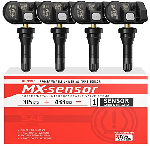Autel MX-Sensor Doble Frecuencia, Sensores TPMS de Nivel OE para 99% Autos, Sensor de Neumáticos 100% Programable, Funciona con TS408S TS501Pro TS508WF TS601 TPMS Herramienta (Válvula de goma, 4PCS)