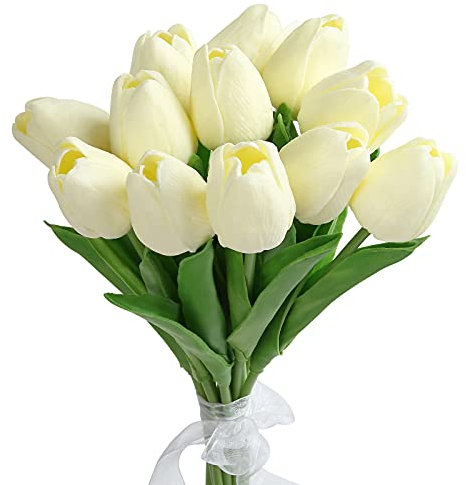 Kesote 12Pcs Tulipe Artificielle Blanche, Fleurs Artificielles en Latex, Bouquet Fleur Artificielle, Fausse Tulipe Fleurs Artificielles Haut de Gamme pour Deco Mariage Jardin Maison Fête