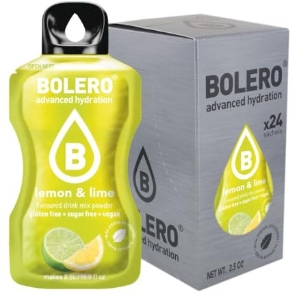 Bolero Drinks, 24 sobres de 3 gramos, sabor a fruta, preparación en polvo soluble en agua para bebidas frescas, 72 gramos, endulzado con stevia (Limón y lima)