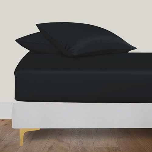 LINENWALAS Organic Vegan Bamboo Fitted Sheet with Pillowcase, Deep Pocket 16 Inch Softest, Silky Cool Bamboo Bedding Emperor Size 1 Fitted Sheet and 2 Pillowcase (79x79 Inches, Jet Black)
