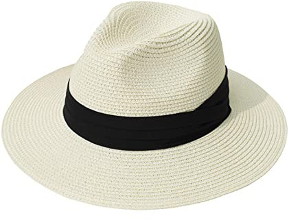 Yutdeng Cappello Panama per Unisex Donna Uomo, da Spiaggia in Paglia, Fedora Arrotolatoa, Tesa Larga, da Sole Regolabile Estivo, Pieghevole, Bianco Latte