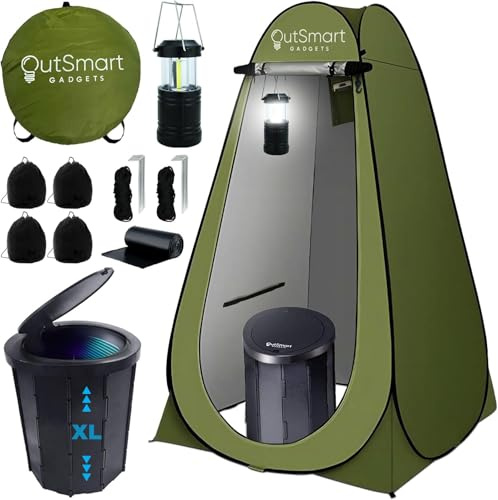 Outsmart Gadgets Portable Toilet Kit for Adults with Camping Night Lantern, Folding XL Toilet Seat, Pop Up Privacy Tent and Carry Bags, Multipurpose Potty, Washable Foldable for RV and Travel