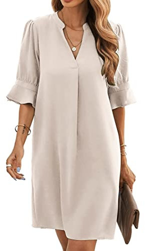Famulily Robe chemise élégante et décontractée pour femmes, col en V, manches mi-longues, couleur unie, tailles S à XXL, beige, XXL