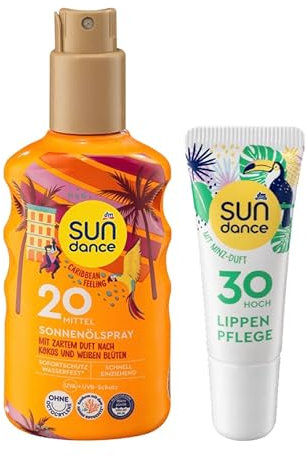 SUNDANCE 2er-Set Sonnenschutz: Sonnenölspray CARIBBEAN FEELING mit Duft nach Kokos, verleiht der Haut seidigen Schimmer, LSF 20 (200 ml) + Lippenpflege MINZE, LSF 30 (10 ml), 210 ml