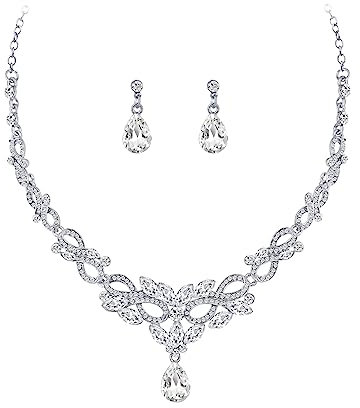 Bewenda Brautschmuck Set, Hochzeit Schmucksets für Damen, Wassertropfen-Ohrringe Weißgold Strass Halskett Glitzer Modeschmuck, Hochzeitsschmuck für Braut Brautjungfern, klar Strass-Halskette Set
