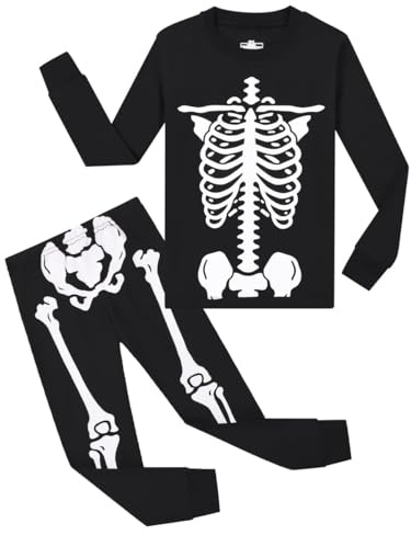HYCLES Boys Halloween Pyjamas Kids Glow in The Dark with Skeleton Bones for Unisex Boys Girls Cotton Nightwear