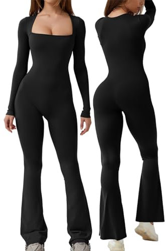 Carolilly Womens Yoga Long Sleeve Exercise Jumpsuit Long Sleeve Square Neck Solid Slim Fit Romper Clubwear Backless Jumpsuit for Women Workout One Piece Bodysuit (Black1, M)