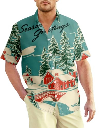 CIZEUR Kortärmad kortärmad roligt tryckt fritidsskjorta julskjortor kostymskjorta för festival fest jul, Grön snö, 5XL