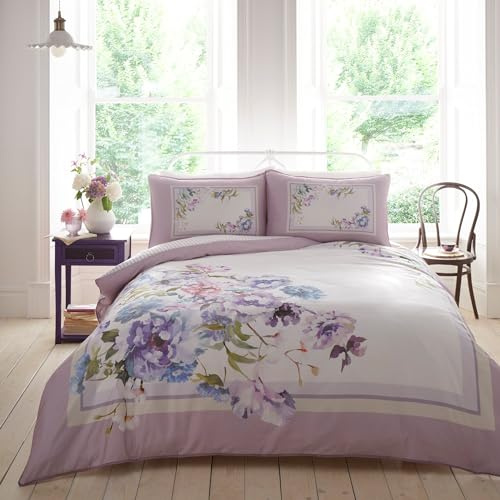 Appletree - Purple Lilac Floral Duvet Cover - King Bedding Size (230 x 220cm) - Reversible Designs - Soft 100% Cotton - 200 Thread Count - 2 Pillowcases - Botanical Flower Bedding in Purple