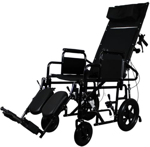 Reclining High Back Folding Transit Wheelchair with Head Support, U-GO Serenity Recliner Attendant Propelled Wheelchair with Headrest & Elevating Leg Rests, Recline up to 170°, Seat Width (18)
