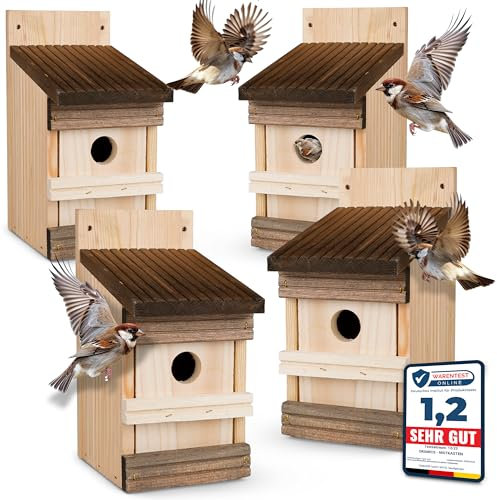 4 Stück Oramics Nistkasten zum Aufhängen für Garten, Balkon und Terrasse - Kiefernholz Vogelhaus für Wildvögel und Gartenvögel – Nisthaus wetterfest und langlebig für draußen, ideal für kleine Vögel