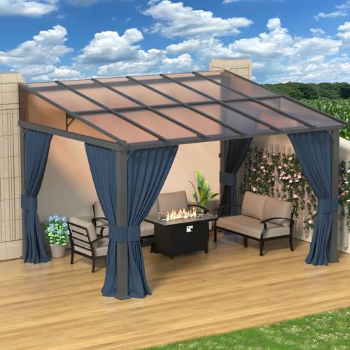 RTDTD 10' x 12' Lean to Gazebo,Large Wall Mount Heavy Duty Gazebos Pavilion,Outdoor Hardtop Pergola Shelter with Curtains and Netting,Sunshade for Patio Garden Lawn Backyard Deck,Navy Blue