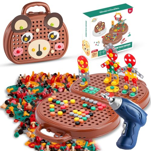Magic Montessori Play Toolbox, Montessori leksakslåda med borrmaskin Montessori leksak från 3 år, 3D-pussel, mosaik, leksak, kreativ, verktygslåda med borr för barn från 3–12 år, björn