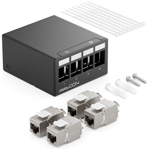 deleyCON 4 Porte CAT7 Set di Pannelli Patch con 4x CAT.7 RJ45 Modulo Jack Keystone STP 10 Gbit/s - Compatibile con Cavo di Installazione CAT6 CAT6a CAT7 CAT8 Cavo di Rete Ethernet LAN DSL - Nero