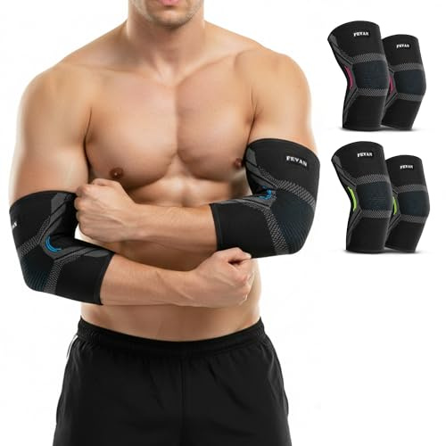FEVAN PACK 2 x kompressions armbågsskydd för epikondylit och tendinit för män och kvinnor, sportarmbåge för tennisarmbåge, crossfit, golfarmbåge (blå, XL)